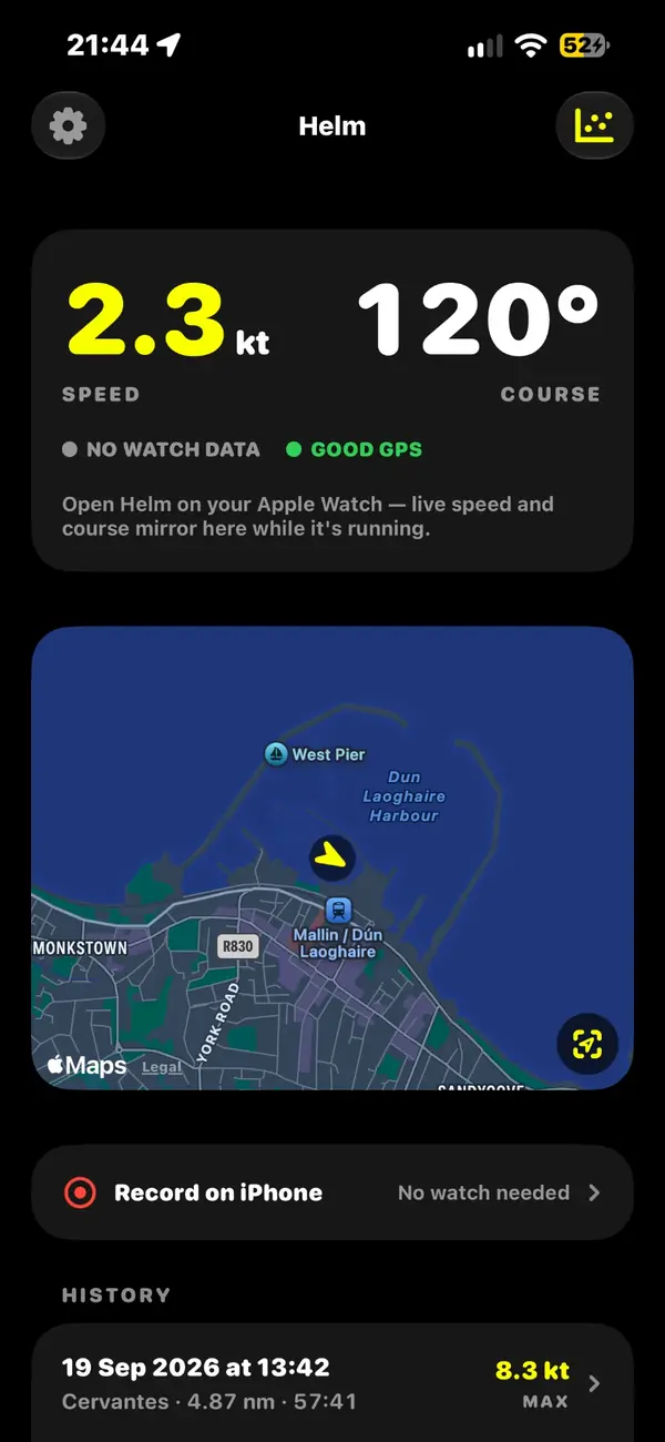 Helm on iPhone showing 2.3 knots and course 120 degrees, a map of Dun Laoghaire Harbour, and a Record on iPhone button marked no watch needed.